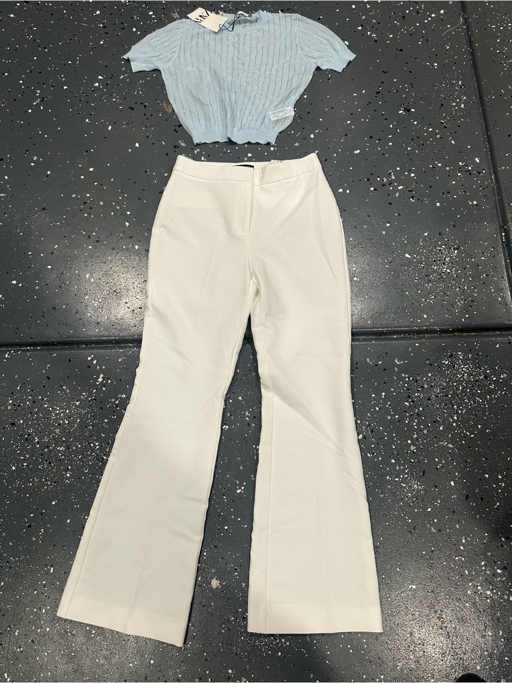 Zara White Flared Dress Pants and knit blue sweater